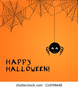 Cute spider and webs over orange background with Happy Halloween text