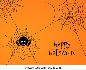Cute spider and webs over orange background with Happy Halloween text