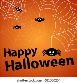 Cute spider and webs over orange background with Happy Halloween text vector for banner, poster, greeting card, party invitation