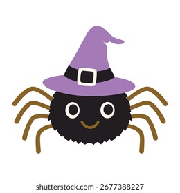 cute spider in witch's hat isolated on white background, flat vector illustration for halloween