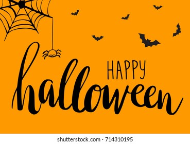 Cute Spiders, Bats and Web on orange background with text Happy Halloween. Holiday vector illustration