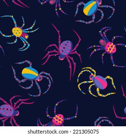 Cute Spiders Halloween Pattern on Black. Copy this square to the side and you'll get seamlessly tiling pattern which gives the resulting image ability to be repeated or tiled without visible seams.