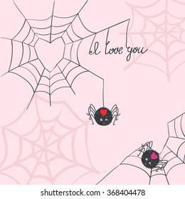 Cute spiders in love. Romantic background. 