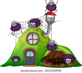 Cute spiders on a green house