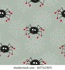 Cute spiders and spider webs seamless pattern. Halloween vector illustration for kids