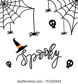 Cute Spiders and Web on orange background with text Spooky. Happy Halloween vector illustration on white background
