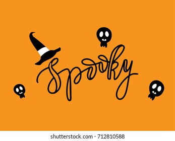 Cute Spiders and Web on orange background with text Spooky. Happy Halloween vector illustration
