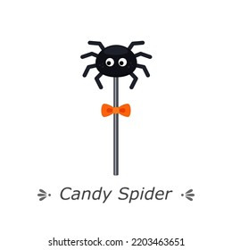 Cute spider-shaped candy on stick with bow. Flat cartoon vector illustration icon isolated on white background. Halloween trick or treat sweets for web, app, print, greeting card, and other design 