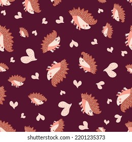 Cute Spiky, Prickly, Hedgehog And Heart Seamless Pattern Background. Cartoon Kawaii Hedgehogs And Doodle Hearts Backdrop. Gender Neutral Earthy Colors. Forest Creatures And Love Icon Repeat For Kids