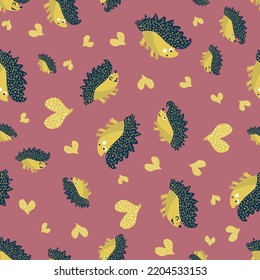 Cute spiky, prickly, hedgehog and heart seamless pattern background. Cartoon kawaii hedgehogs and doodle hearts on pink backdrop. Nature forest creatures and love icon repeat for kids,baby