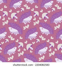 Cute spiky, prickly, hedgehog,heart, mushroom seamless pattern pink background. Cartoon kawaii hedgehogs, doodle hearts, mushrooms backdrop. Nature forest creatures, flora repeat for children