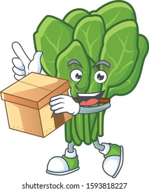 Cute spinach cartoon character style holding a box