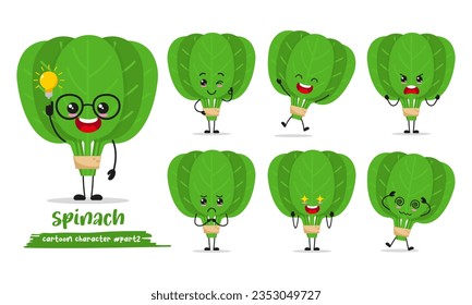 tira cómica de espinacas lindas con muchas expresiones. la actividad diferente vegetal representa la ilustración vectorial conjunto de diseño plano.