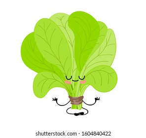 Cute spinach character on a white background. Healthy food. Vegetarianism. Lettuce leaves. Sorrel.