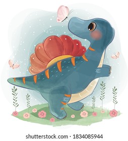 Cute Spinosaur Playing with a Butterfly