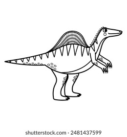 Cute spinosaurus in black and white isolated element. Funny spine dinosaur of jurassic period in outline for kids design. Vector illustration 