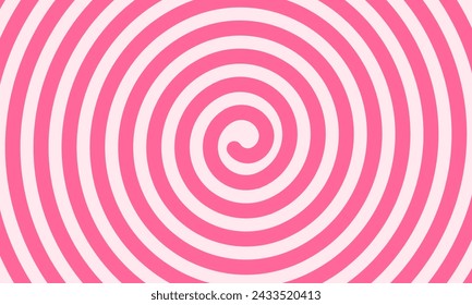 Cute spiral lollipop background. Pink candy, ice cream, yogurt, caramel or marshmallow swirl texture with radial pink stripes. Birthday or Christmas celebration wallpaper. Vector flat illustration.