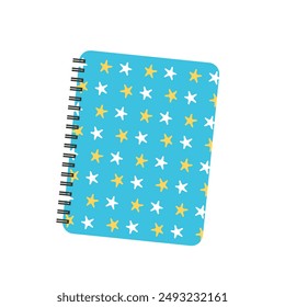 Cute spiral notebook with blue cover and pattern of yellow and white stars. Back to school concept. Design for stickers, prints, clip art, scrapbooking. Vector illustration. Isolated on white backdrop
