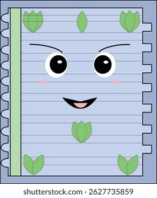 A cute spiral notebook with a happy face and leaf decorations on a blue cover, designed in kawaii cartoon style. Perfect for back-to-school graphics, children’s educational themes, and stationery-them