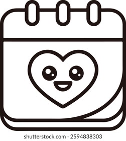 Cute spiral-bound calendar icon with a smiling heart, bright colors, bold outlines, perfect for love, Valentine’s, or special events