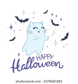 süßer Geist fliegende Katzen. Haustiere zu Halloween. Ein Cartoon gruselige Kinderfigur. Vektorgrafik für eine Grußkarte.