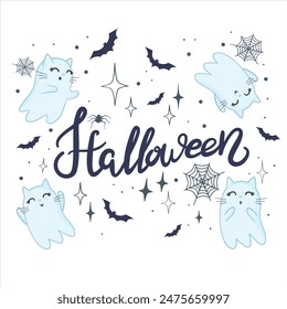 cute spirit flying cats. Pets for Halloween. A cartoon creepy children's character. Vector illustration for a greeting card.