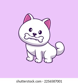 Cute Spitz Dog Bite Bone Cartoon Vector Icons Illustration. Flat Cartoon Concept. Suitable for any creative project.
