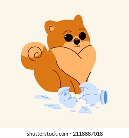 Cute Spitz dog with broken vase. Funny pet character. Small German Spitz dog, Pomeranian Spitz. Pets in cartoon style. Vector flat style illustration