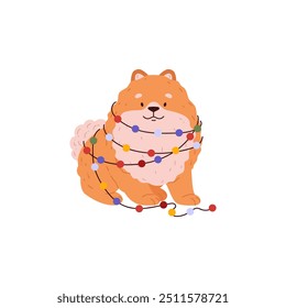 Cute Spitz dog decorated with a garland. Pomeranian German breed puppy. Cartoon funny friendly small fluffy orange pet. Domestic canine purebred animal festive portrait. Vector illustration isolated