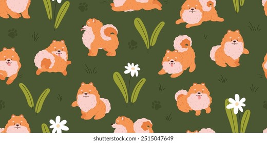 Cute Spitz dog different poses vector seamless pattern on floral green background. Pomeranian German breed puppy. Cartoon friendly small fluffy orange pet. Domestic canine purebred animal