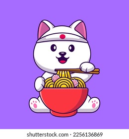 Cute Spitz Dog Eating Ramen Noodle Cartoon Vector Icons Illustration. Flat Cartoon Concept. Suitable for any creative project.