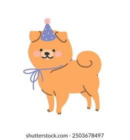 Cute spitz dog in a festive hat, Vector illustration in flat style.