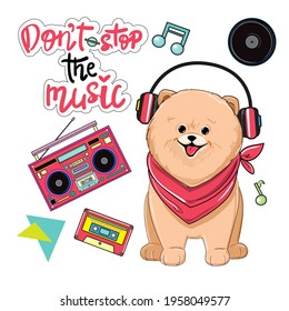 A cute Spitz dog in headphones listens to music. Vector illustration for t-shirt design, holiday decoration for children