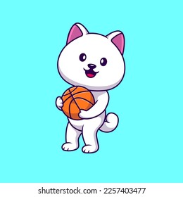 Cute Spitz Dog Holding Basket Ball Cartoon Vector Icons Illustration. Flat Cartoon Concept. Suitable for any creative project.