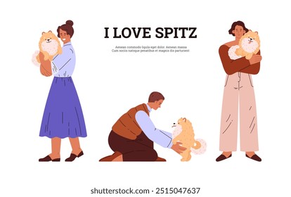 Cute Spitz dog with owner. Pomeranian German breed puppy human best friend. Vector flat poster I love Spitz inscription. Cartoon small fluffy orange pet. Domestic canine purebred animal, love and care