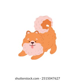 Cute Spitz dog posing sticking out his tongue. Pomeranian German breed puppy. Cartoon friendly small fluffy ginger pet. Domestic canine purebred animal portrait. Vector flat illustration isolated