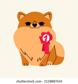 Cute Spitz dog proud with reward isolated on beige background. Funny pet animal character. Flat style vector illustration