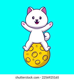 Cute Spitz Dog Sitting On Moon Cartoon Vector Icons Illustration. Flat Cartoon Concept. Suitable for any creative project.