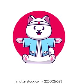 Cute Spitz Dog Wearing Japanese Costume Cartoon Vector Icons Illustration. Flat Cartoon Concept. Suitable for any creative project.