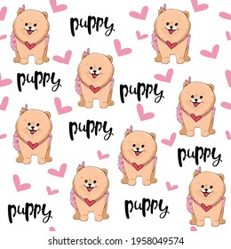 Cute Spitz dogs and the inscription puppy seamless pattern. Vector illustration for t-shirt design, nursery decorations