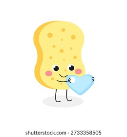 Cute sponge cartoon character holding heart shaped soap bubble. Vector flat illustration isolated on white background