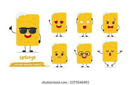 cute sponge cartoon with many expressions. wash different activity pose vector illustration flat design set with sunglasses.