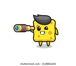 cute sponge character is holding an old telescope , cute style design for t shirt, sticker, logo element