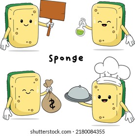 Cute sponge with faces cartoon mascot hand drawn set isolated on white background