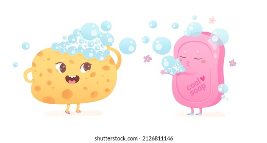 Cute sponge and soap characters for hygiene in bathroom vector illustration. Cartoon yellow loofah and soap with funny faces, bubbles and smiles for cleaning body isolated on white. Hygiene concept