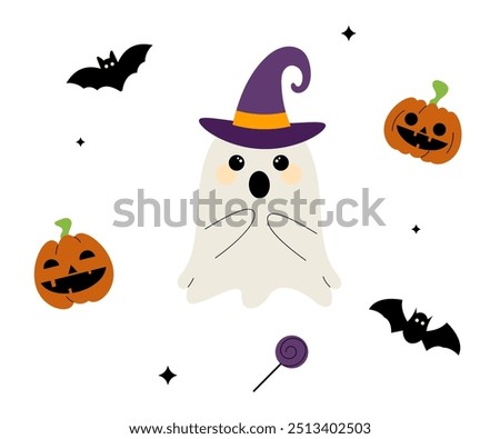 Cute spook character. Set of halloween elements. Vector illustration for design, scrapbooking, sticker, card, poster.