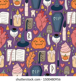 Cute and spookie seamless Halloween pattern with pumpkins, candles,  coffins, eye, witch hat and fall foliage. 