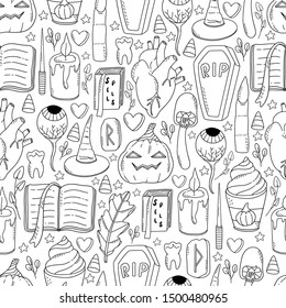 Cute and spookie seamless Halloween pattern with pumpkins, candles,  coffins, eye, witch hat and fall foliage. 