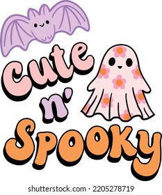 Cute and Spooky baby ghost and bat Halloween vector illustration.