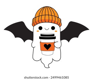 Cute Spooky Bat Ghost Drinking Coffee. Happy Halloween. Cute cartoon spooky character. Vector illustration